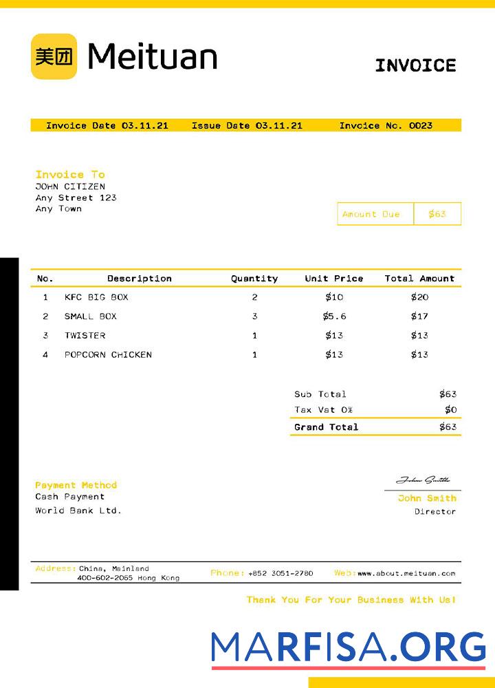 Downloadable USA Meituan invoice template